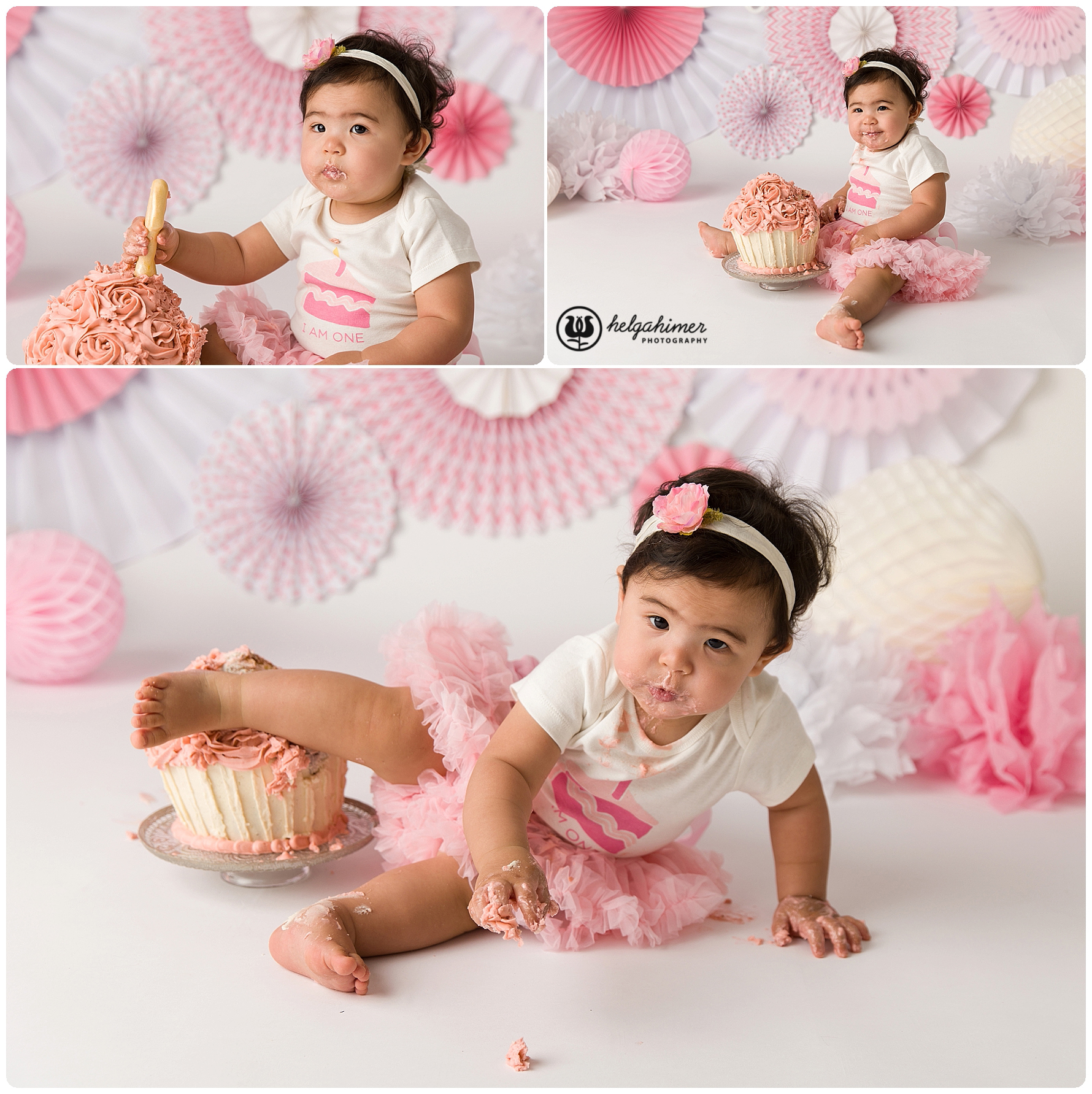 cakesmash session for a chines little girl in pink, the background have pinwheels and she is wearing a pink tutu
