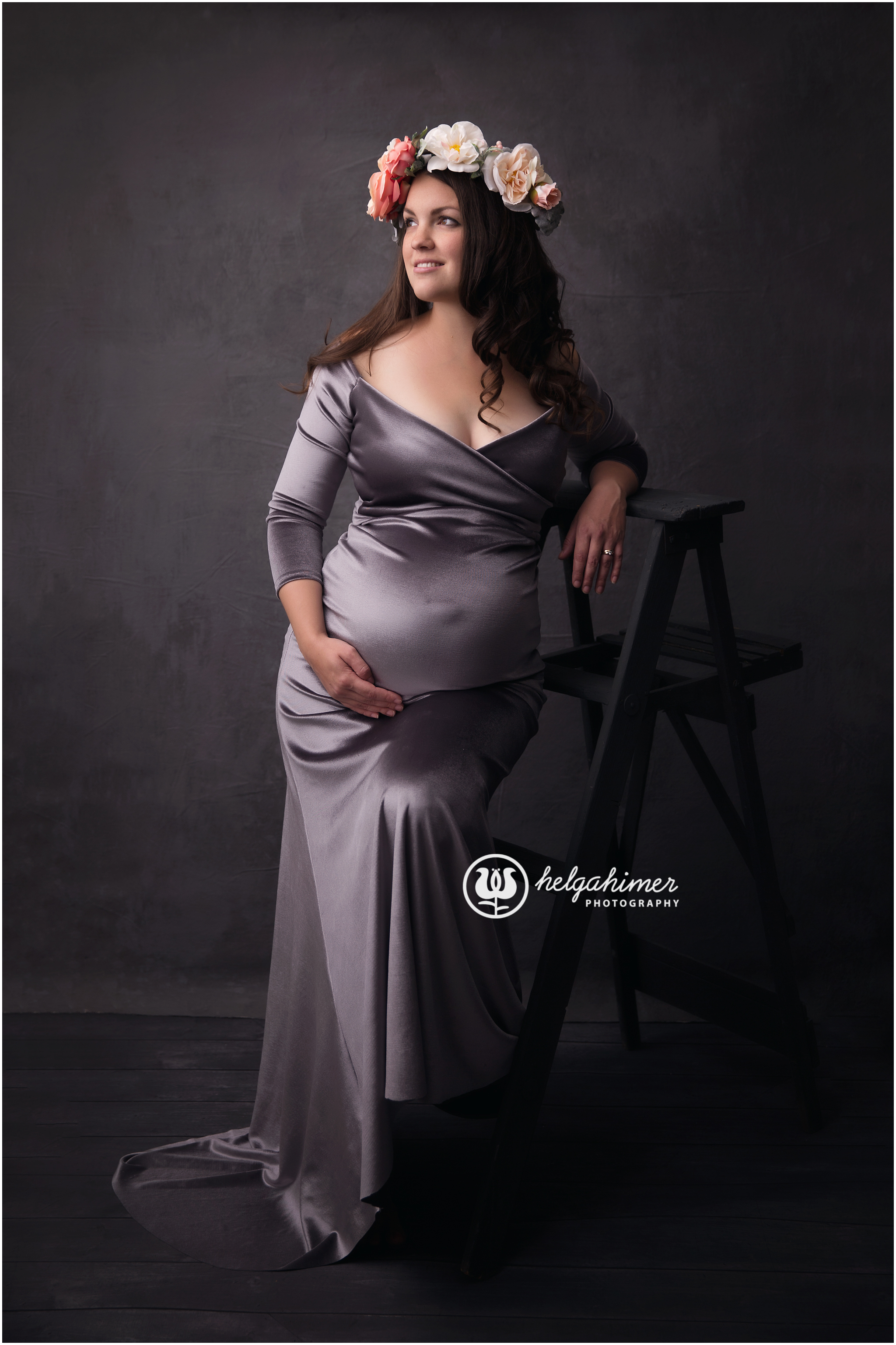 sutdio maternity photo with gray dress and flowercrown, babylove spring expecting mother event at helga himer sudbury studio