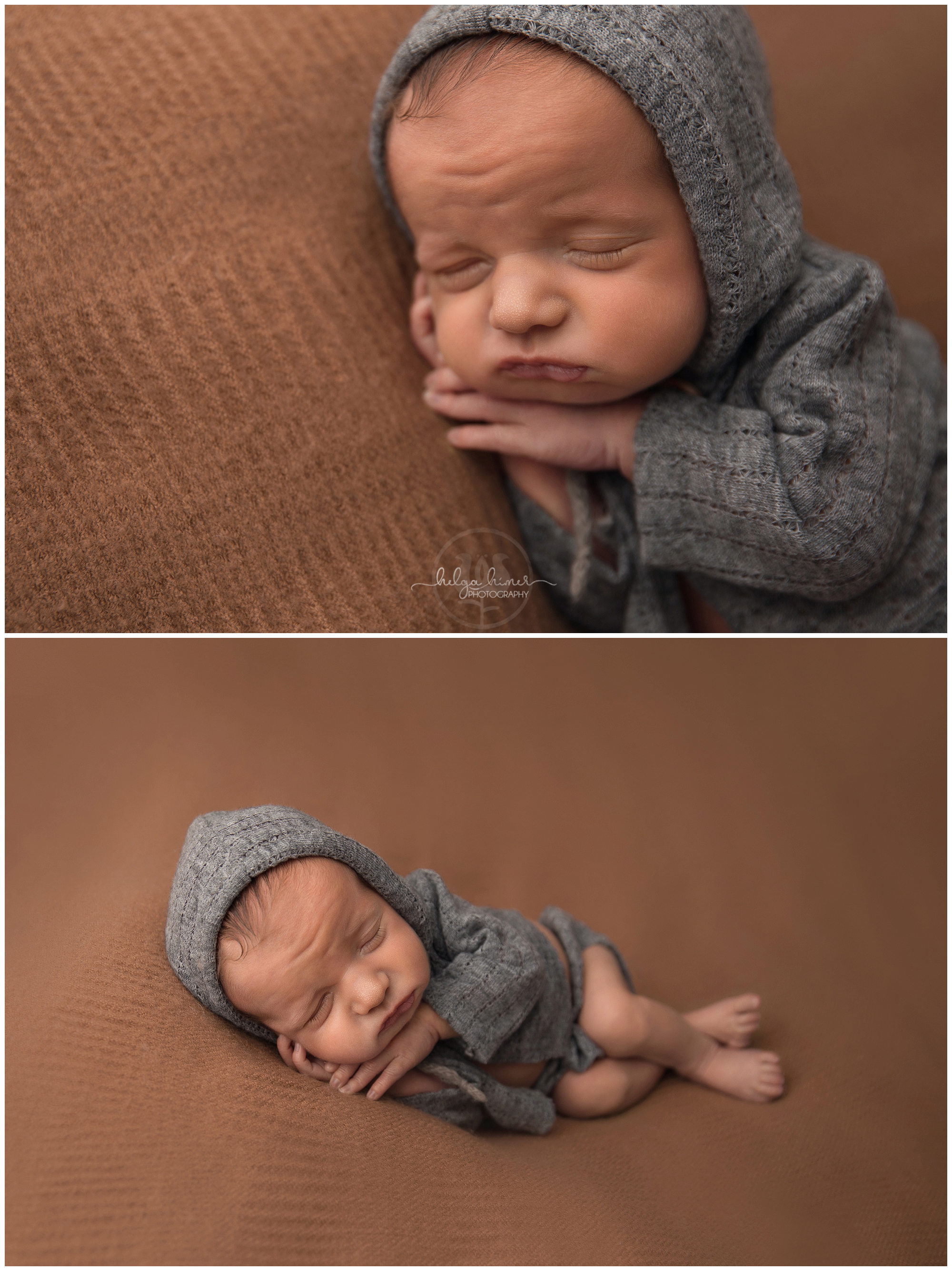 newborn-photography-ezra-helga-himer-photographer-sudbury-sidelaying-pose-gray-hoodie-brown-backdrop