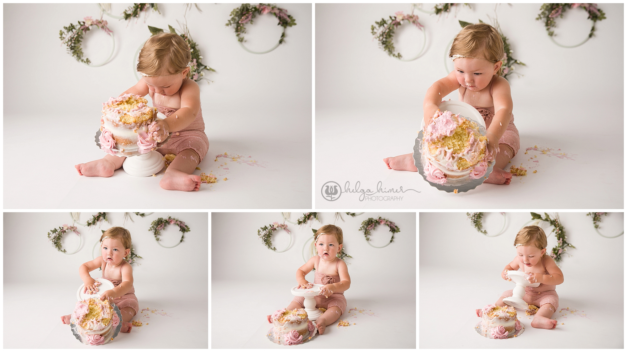 boho themed cake smash photography session the girl in pink outfit bumping her naked cake to the floor