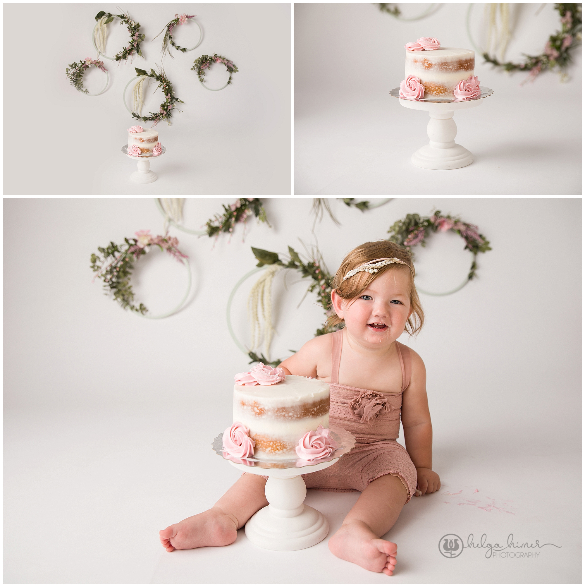 boho styled cake with a baby in pink rumper