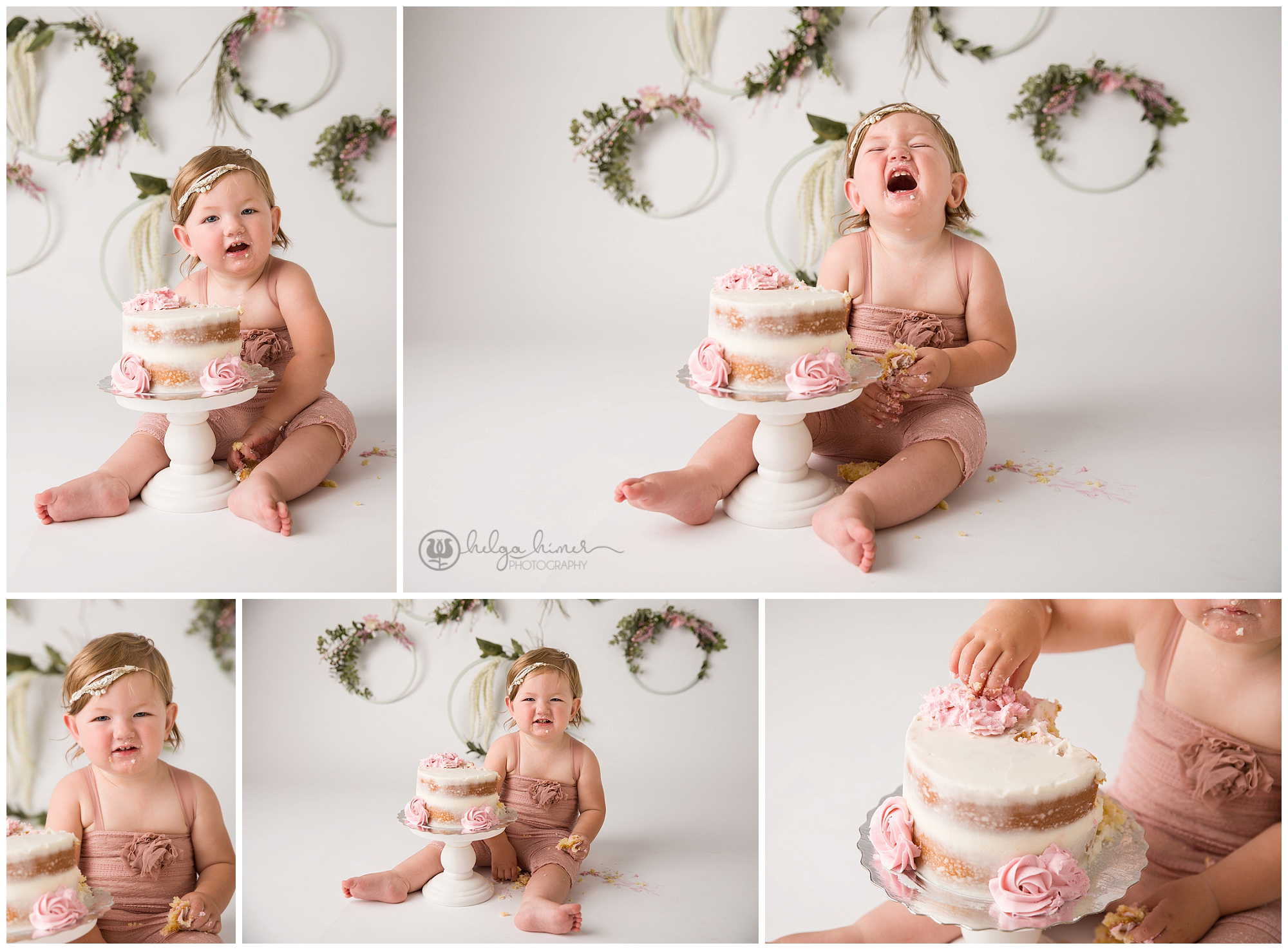 boho syled cakesmash session girl in pink outfit laughing 