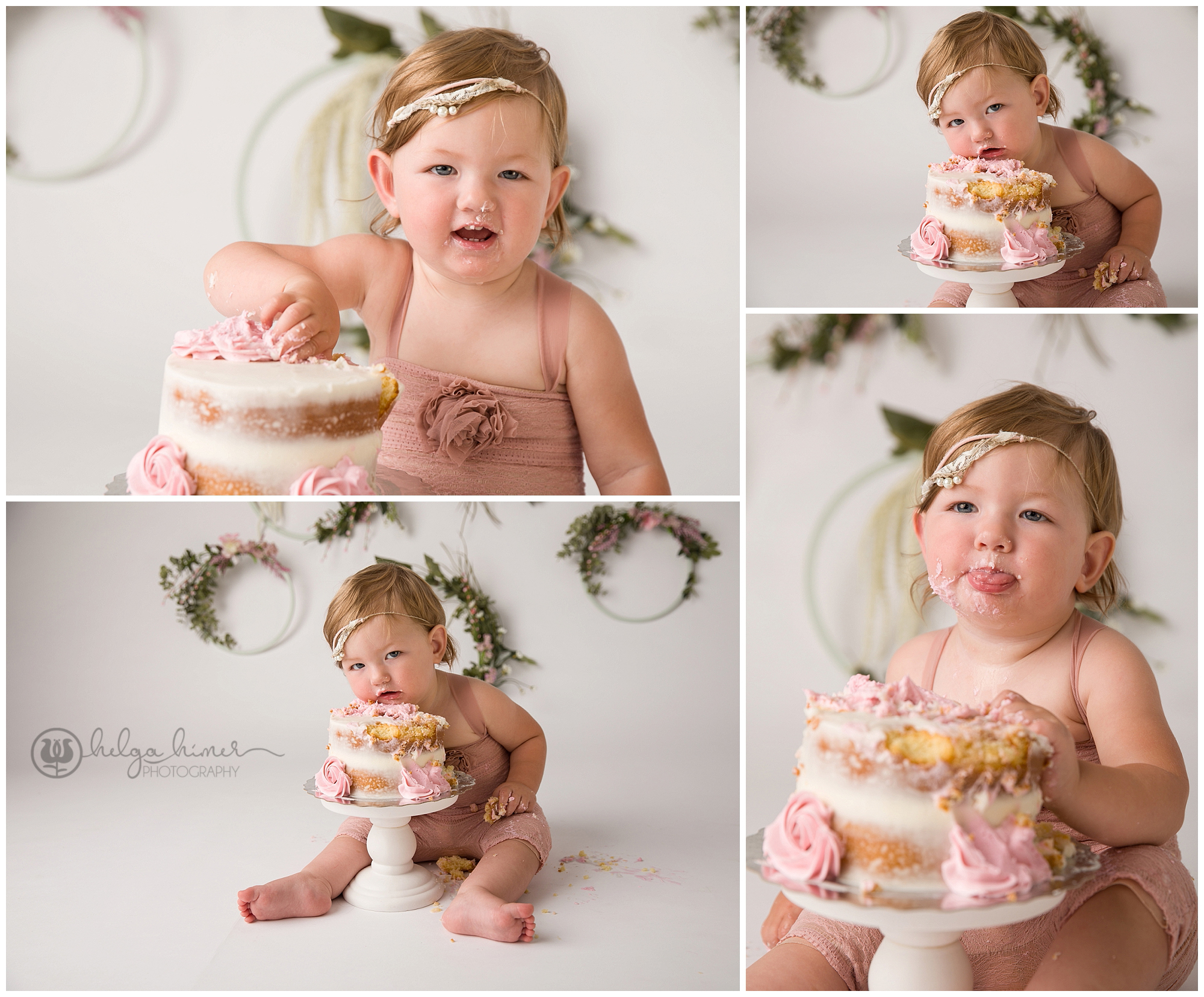 boho syled cakesmash session with a girl in a pink outfit and naked cake